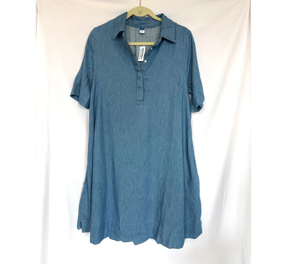 NWT Old Navy Blue Jean Chambray Shirt Mini Dress Medium Tall Short Sleeve Collar